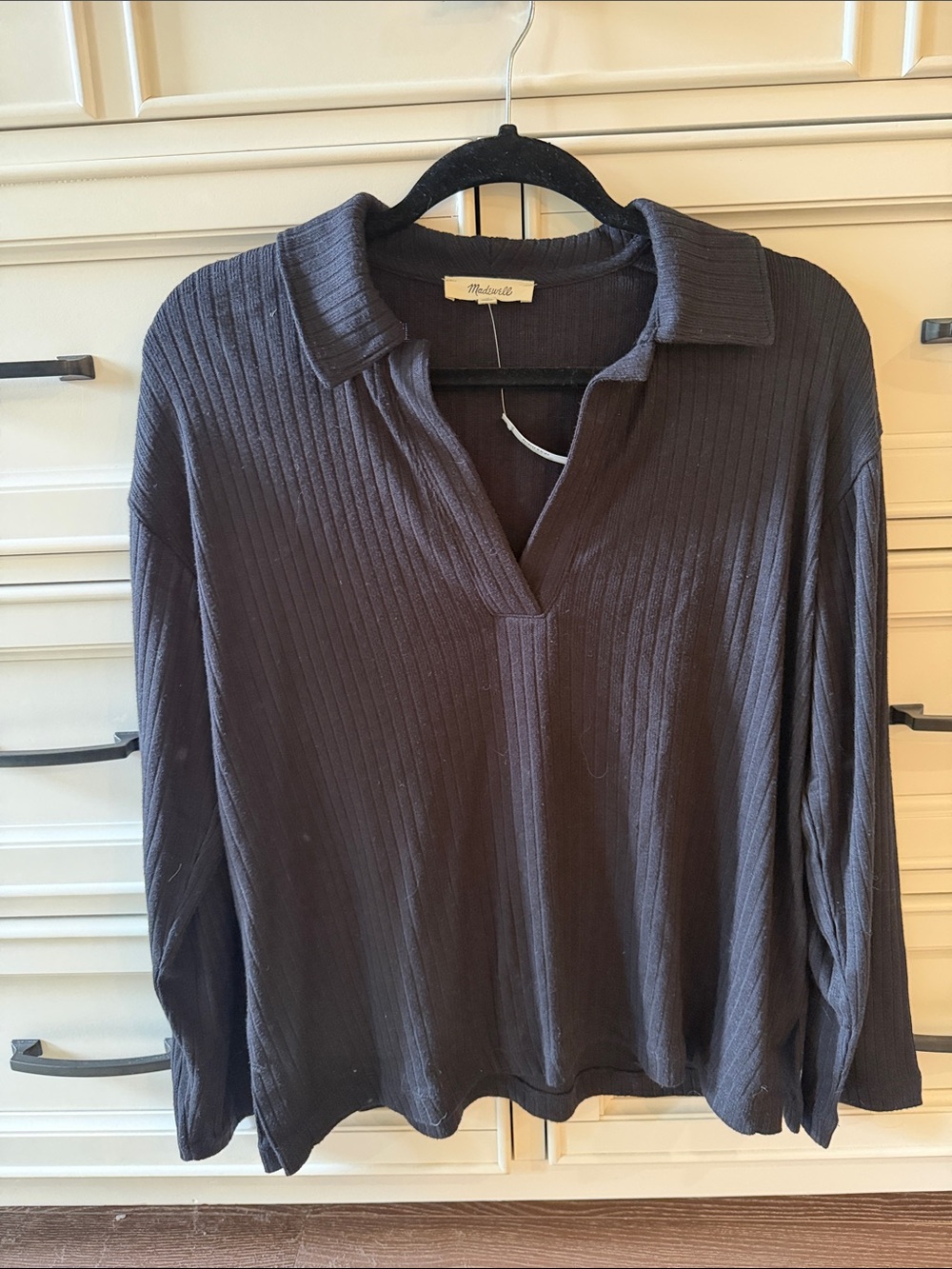 Madewell Black Ribbed Long-Sleeve Polo Top